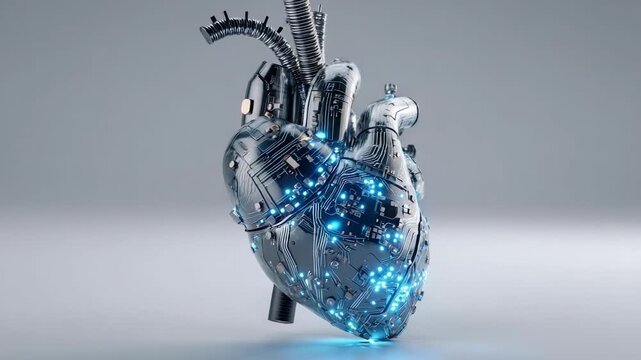 A futuristic metallic robotic heart embedded with circuitry and glowing blue LEDs.