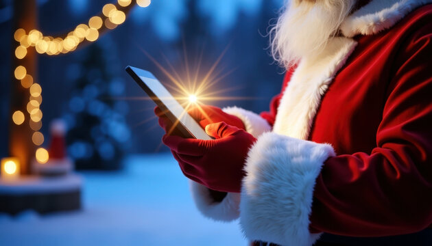 Santa claus using tablet outdoors at christmas time with festive lights