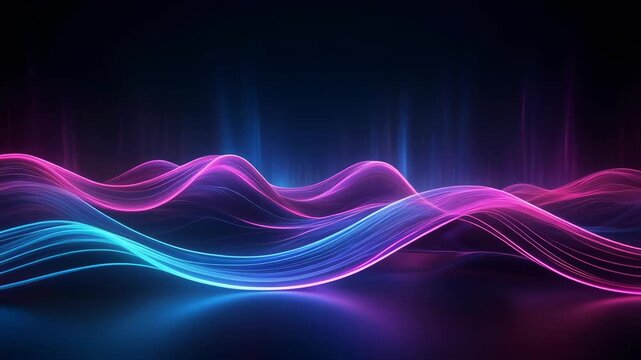 Neon lines gently flowing across a dark background, forming futuristic wave