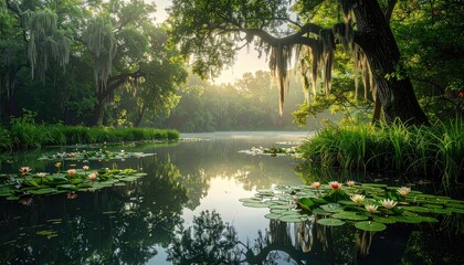 Misty Swamp Bayou With Water Lilies And Spanish Moss Draped Live Oak Trees In Golden Morning Sunlight