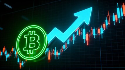 Neon bitcoin symbol with an upward trending chart represents cryptocurrency growth and investment opportunities in the digital currency market for financial technology and blockchain applications