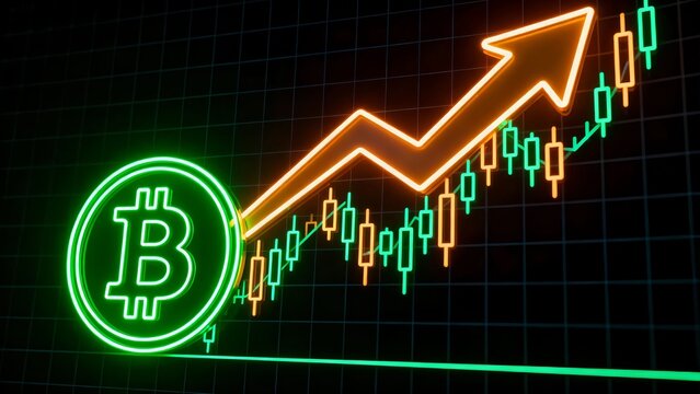 Neon bitcoin symbol with an upward trending arrow and candlestick chart against a dark grid background representing cryptocurrency growth and investment opportunities in the digital economy