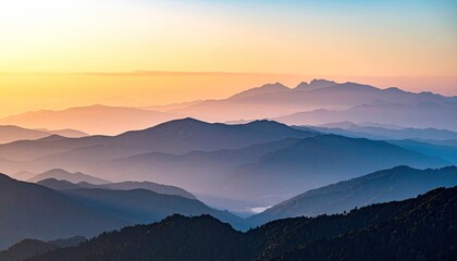 Pixelated Mountain Range At Sunrise With Hazy Layers Of Blue And Purple Hues And A Soft Golden Sky Above The Horizon In A Serene Landscape