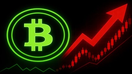 Bitcoin cryptocurrency market analysis showing a bullish trend with a green bitcoin symbol and a rising red arrow on a dark background indicating positive financial growth and investment opportunities
