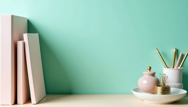 Home office desk with pastel organizers and stationery for enhanced productivity and minimalist workspace