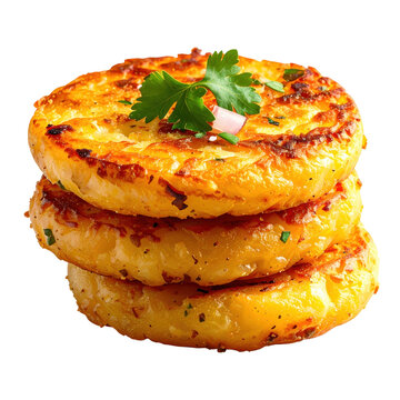 Authentic llapingachos isolated on a bright white background traditional ecuadorian potato and cheese cakes