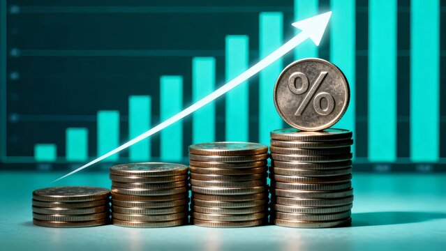Rising percentage coin stacks illustrate financial growth with an upward arrow and bar graph in the background showcasing investment success and economic progress