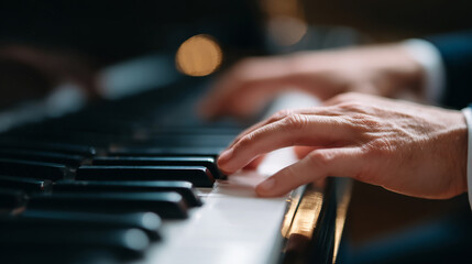 A close-up of hands melodically playing the piano keys in a softly lit room creating an intimate musical moment