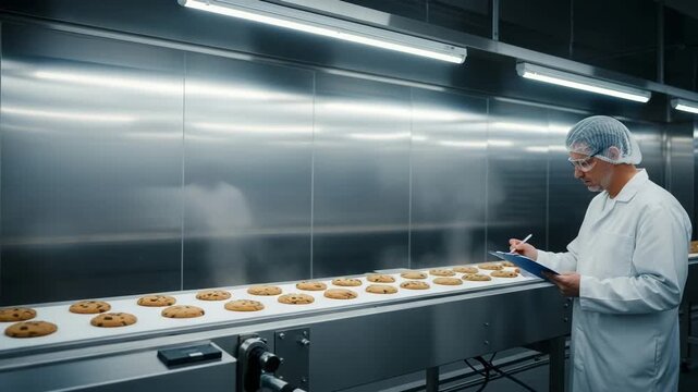 Food quality control inspector examining cookies on conveyor belt in factory