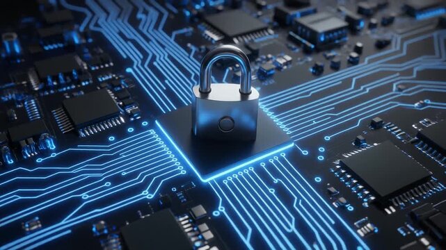 Glowing Digital Padlock on Circuit Board