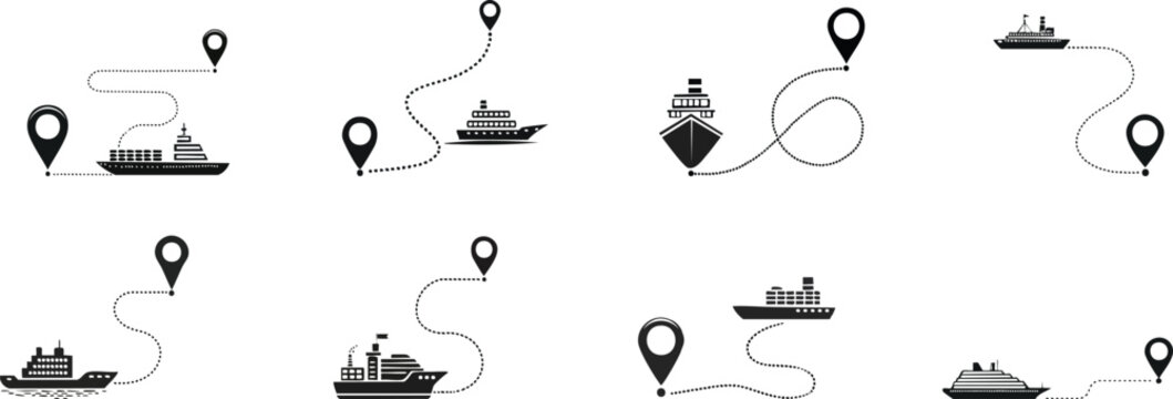 Maritime Tools and Equipment Silhouette. A collection of ship icons with dotted paths and location markers, representing maritime navigation and travel routes.
