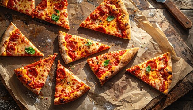 Overhead View Of Sliced Pepperoni Pizza With Fresh Basil And Red Pepper Flakes On A Rustic Wooden Table During Daylight