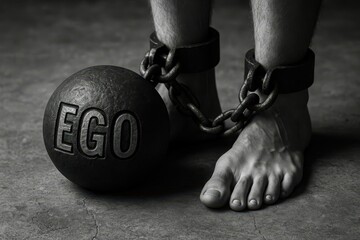A man is chained to a ball with the word EGO on it