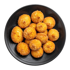 Homemade mini almejas gratinadas on a dark plate, beautifully isolated on a bright white background seafood party bites
