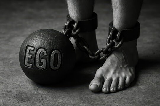 A man is chained to a ball with the word EGO on it