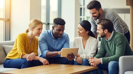 Diverse group of business people collaborating on a project with a tablet device - Powered by Adobe