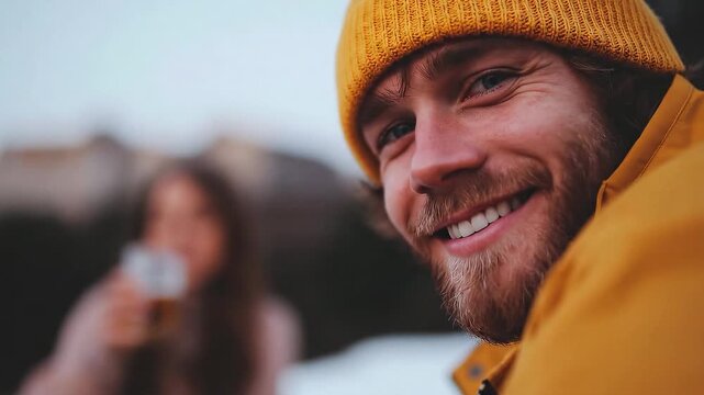 Friends are relaxing outdoors in winter, sharing drinks and laughter. The warm clothing and smiles create a cheerful atmosphere during a chilly day in the city.