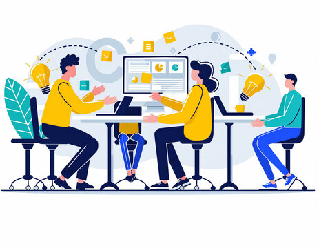 Creative Business Team Brainstorming Session with Data Analysis and Idea Generation | Flat Vector Collaboration Illustra