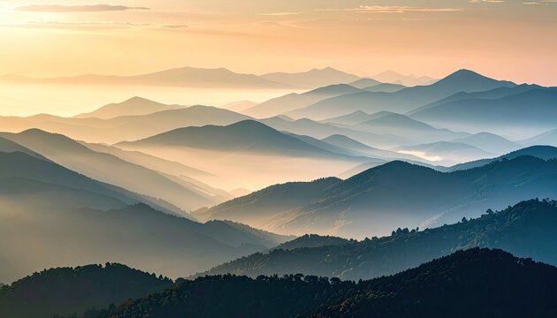 Panoramic View Of Layered Mountain Ranges At Sunrise With Golden Hues And Misty Valleys Below - Powered by Adobe