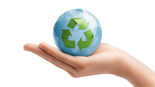 Child's Hand Holding a Globe with Recycle Symbol - Sustainability Concept