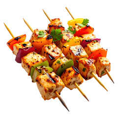 Professional photo of mini latin chicken skewers, perfectly isolated on a clean white background for ads and packaging