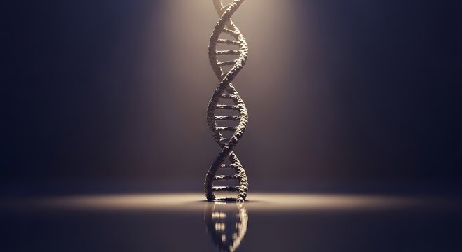 Illuminated dna structure standing on a reflective surface in a dark room with a spotlight above