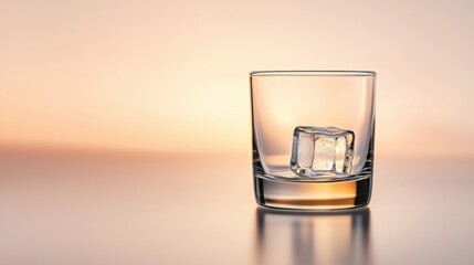 A glass with ice cubes sits on a reflective surface.