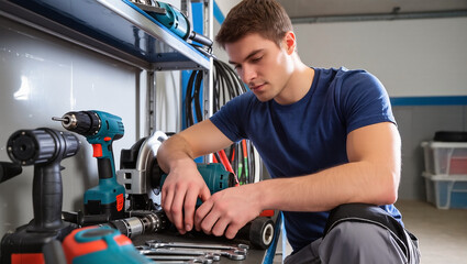 Focused man working in garage with tools and equipment