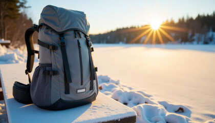 Winter adventure backpack gear in snowy forest at sunrise for outdoor exploration and travel essentials