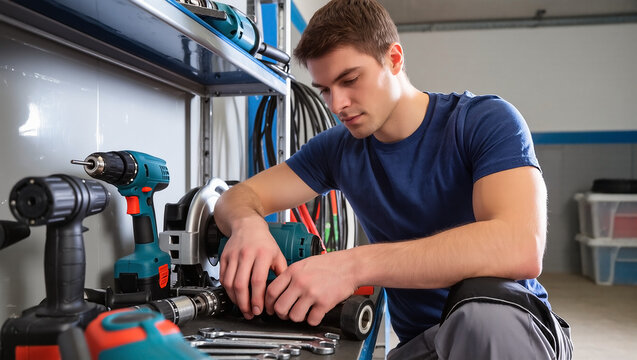 Focused man working in garage with tools and equipment