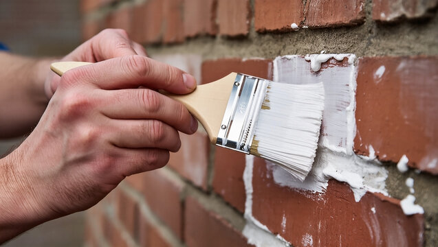 Close-up of hand painting brick wall with brush for home renovation and diy projects