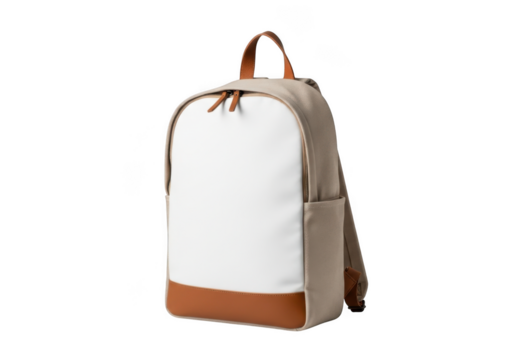 Minimalist beige and white backpack with brown leather accents