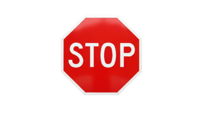 Bright red octagonal stop sign with white border and text highlighting road safety isolated on transparent background