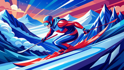 A dynamic winter scene featuring a skier in vibrant red and blue gear carving down a steep snow-covered mountain slope, snow flying around, sunlight reflecting on icy trails, evoking speed, thrill