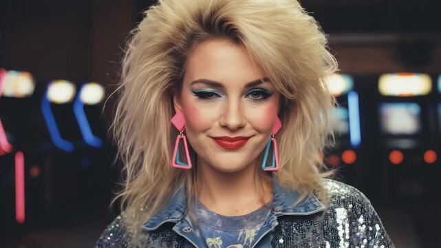 Experience colorful 80s fashion as a model displays unique beauty looks in a lively arcade. Bright colors and playful expressions make this a fun throwback to retro vibes.