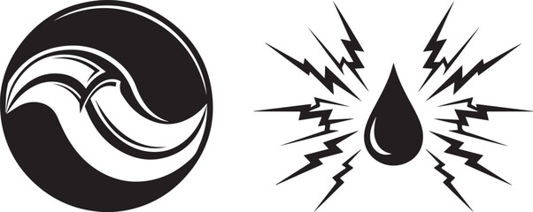 Abstract Black White Wave Symbol and Electric Water Drop Vector Design