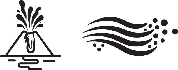 Black and white icons of erupting volcano and flowing wind particles