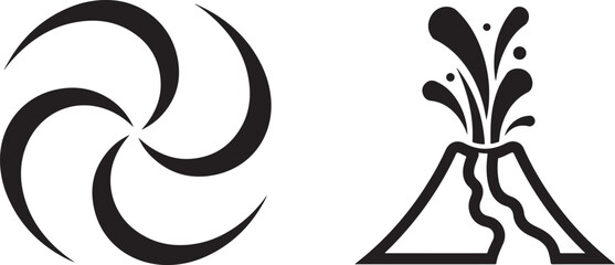 Stylized Swirl Symbol and Volcano Eruption Black White Vector Icons