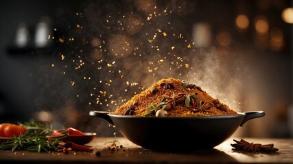 A steaming wok brimming with assorted spices and seeds, set against a dark background.