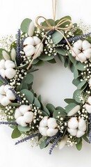 Naklejka premium Elegant Cotton and Eucalyptus Wreath for Home Decor.