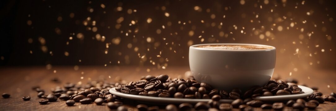 coffee beans in a cup, A white coffee cup filled with coffee sits on a saucer. Coffee beans are scattered around the cup on a wooden surface - Powered by Adobe