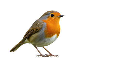 Close-up portrait of a european robin bird with bright orange breast and yellow eyes isolated on transparent background