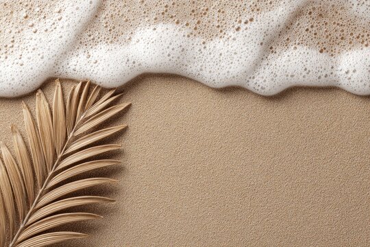 Beige sand beach with foamy waves and dried palm leaf