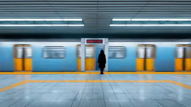 A solitary figure stands on a subway platform as a silver train with yellow doors blurs past.