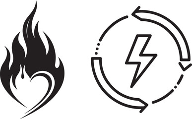 Black and White Vector Icons of Fire Heart and Renewable Energy