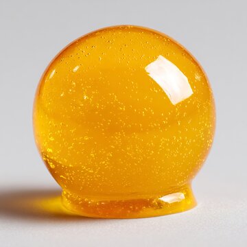 Molecular gastronomy sphere of mango juice glistening with a thin gel membrane spherification technique isolated on a plain minimalist background