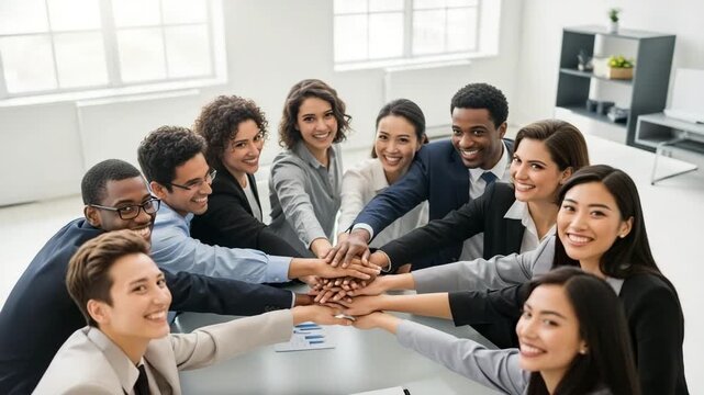Diverse business team joining hands in meeting, symbolizing unity and collaboration