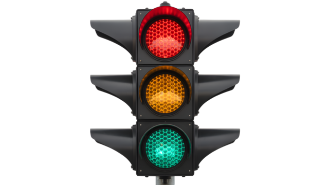 Bright traffic lights shining red, yellow, and green against a transparent backdrop offering versatile design options, ideal for transportation themes