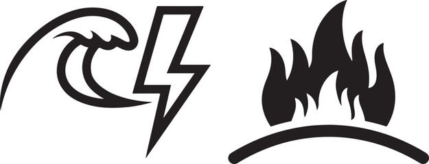 Graphic Black Icons Representing Wave, Lightning, and Fire Elements