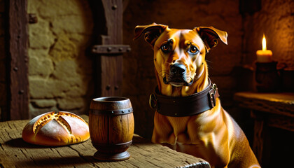 Dog curious looking at camera in rustic tavern setting